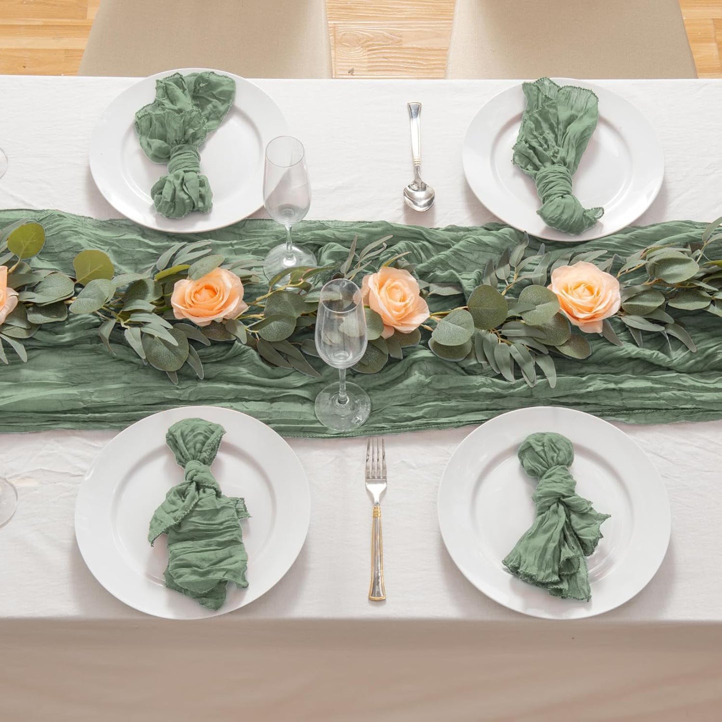 12 Pack Sage Green 10Ft Cheesecloth Table Runner 20x120 Inch Boho Wrinkled Sheer Romantic Gauze Decor for Wedding, Bridal Shower, Birthday Party
