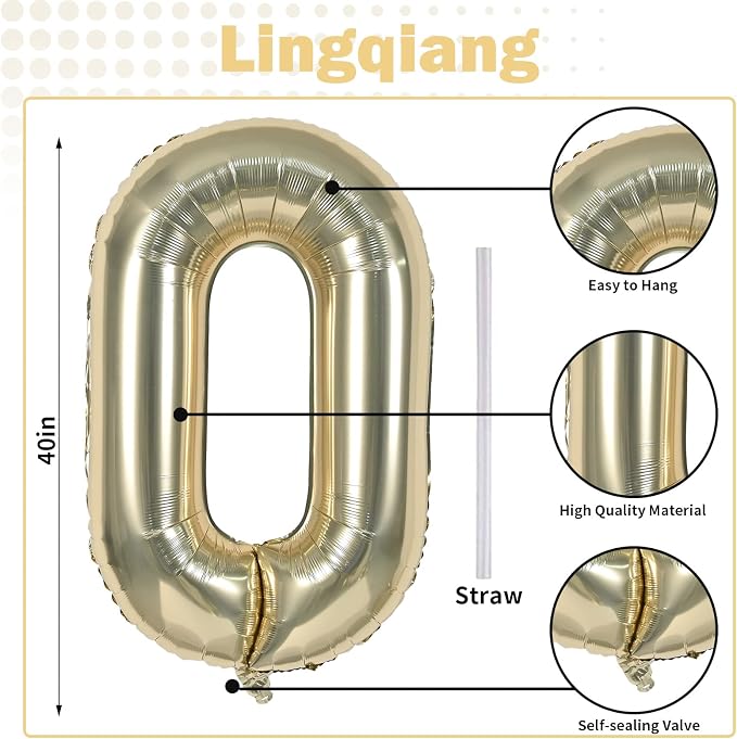 40" Balloon Number 0 Champagne Gold, Large Foil Number Balloons Set 0-9 - Image 2
