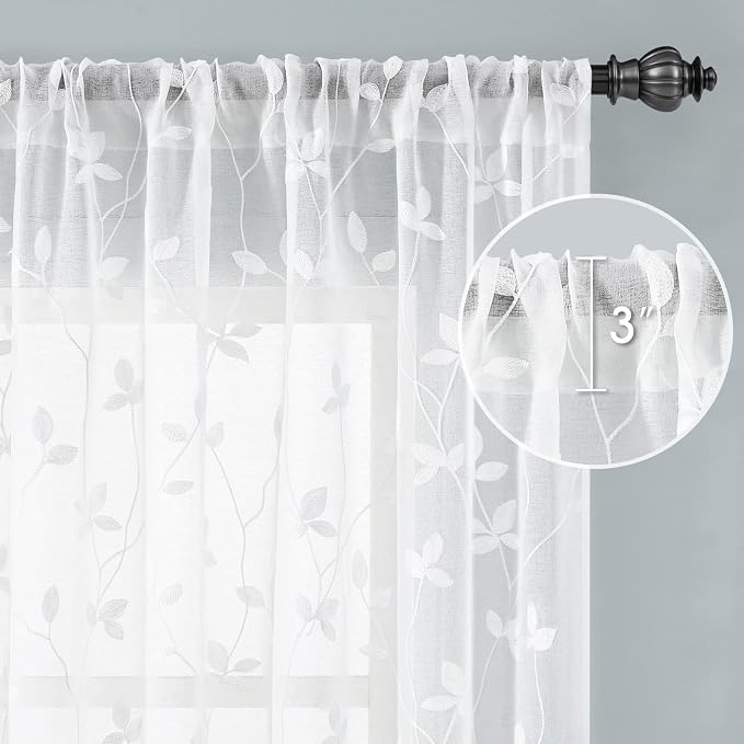 HOMEIDEAS White Sheer Curtains 2 Panels, Embroidered Vine Leaf, W52 x L63 | - Image 5