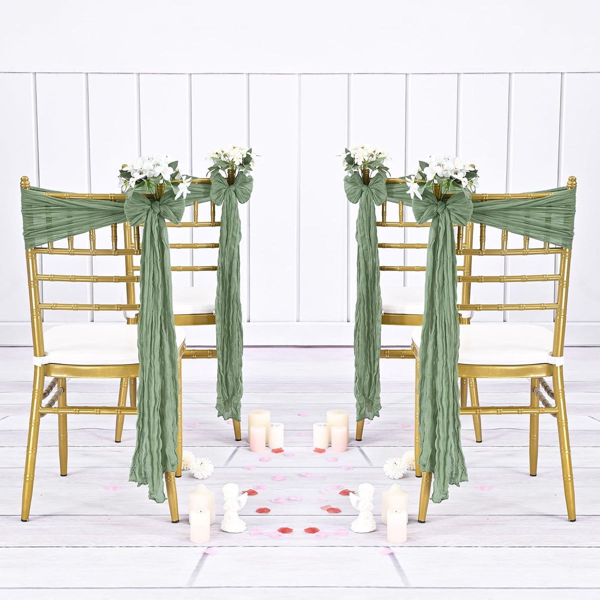 36 Pcs Sage Green Cheesecloth Chair Sashes, 16 x 108 inch Gauze Fabric Washable Chair Sashes Bows Designed for Aisle Decorations Universal Chair Cover Decor for Wedding Reception Party Banquet