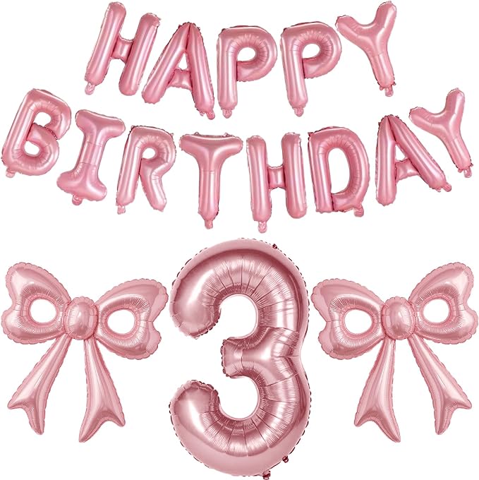 Bow Number 3 Birthday Balloons, Coquette Party Decorations Supplies by BSRESIN