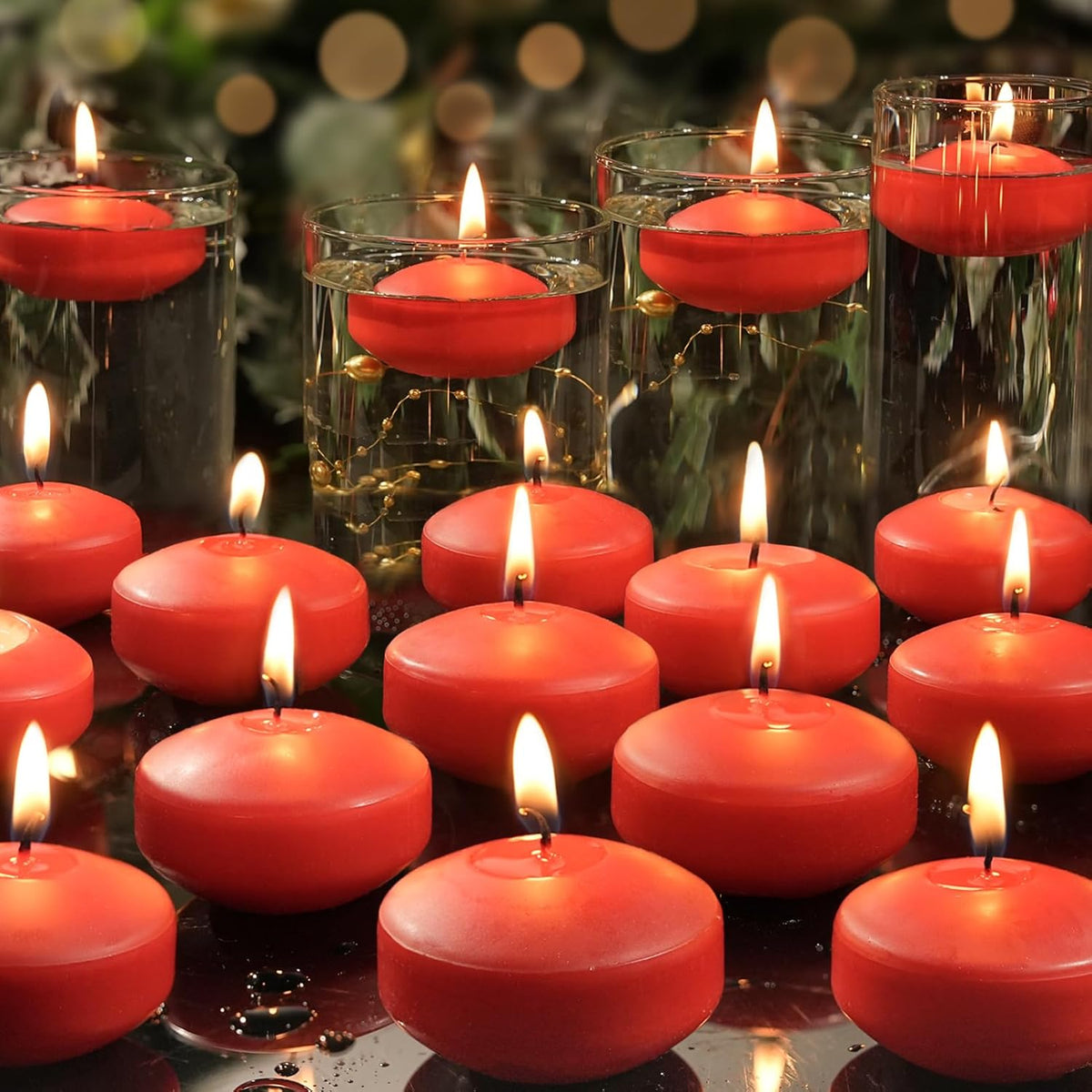 2 inch Red Floating Candles, 48 Pack Unscented Floating Candles for Centerpieces,5-6 Hours Water Activated Candle Bulk for Cylinder Vases Wedding Pool Bathtub