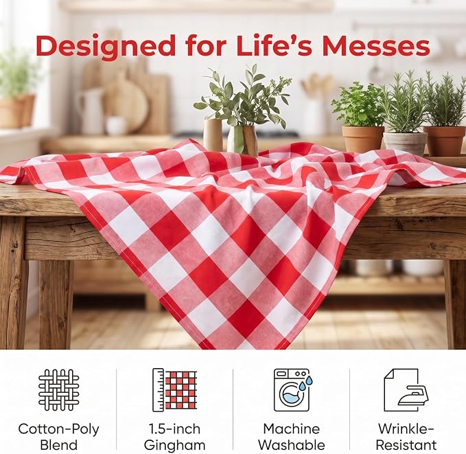 ShinyBeauty Gingham Square Tablecloth 54x54 Red and White Cotton Plaid | - Image 6