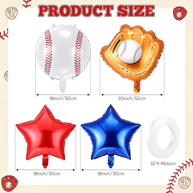 Jenaai Number 1 Baseball Balloons White Red and Blue Baseball Glove Balloons - Image 3