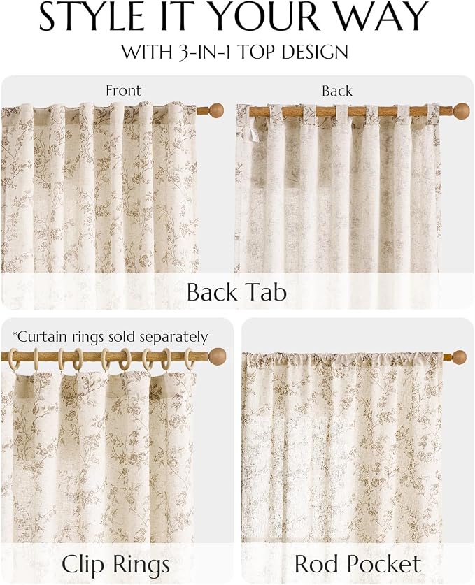 jinchan Taupe Floral Linen Curtains 84 Inch Farmhouse Back Tab 2 Panels | - Image 8