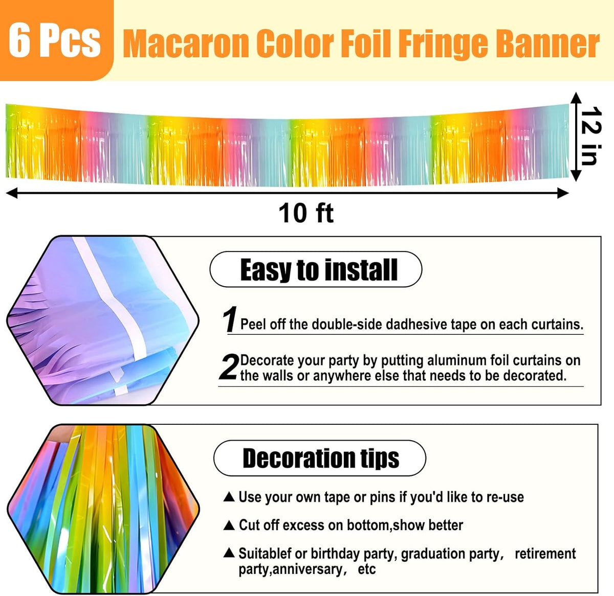 6 Pack 10 Feet Rainbow Foil Fringe Garland Metallic Tinsel Streamers Banner Wall Hanging Curtain Backdrop for Parade Floats, Birthday, Graduate, Mother's Day, Wedding Party Decoration