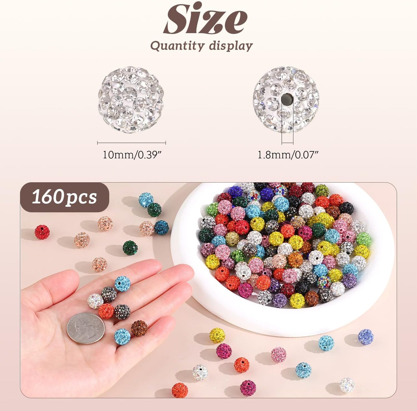 160pcs 10mm Rhinestone Beads for Jewelry Making, Black Shiny Round Disco Ball Beads Bulk, Sparkle Crystal Clay Christmas for Bracelet Baseball Necklace Earring Crafting and DIY
