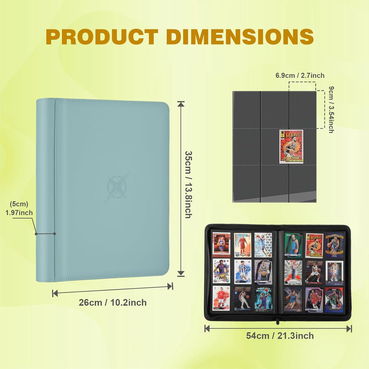 Trading Card Binder, Card Binder 9 Pocket for Trading Cards, Holds 540 Cards, Zippered Premium Card Collection Binder Album for Game Card, Sports Card, Yugioh, MTG (Sky Blue)