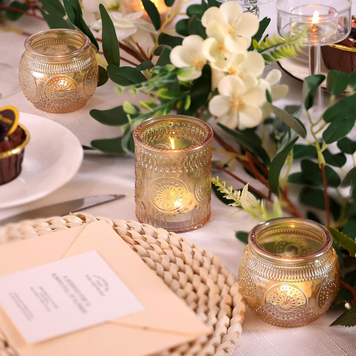 DARJEN 24Pcs Gold Votive Candle Holders - Glass Candle Holder Bulk for Table Centerpiece, Tea Lights Candle Holders for Home, Christmas Party & Wedding Shower