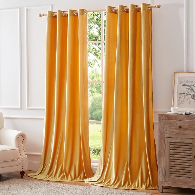 BULBUL Velvet Mustard Yellow Blackout Curtains 96 inch Long - Image 5