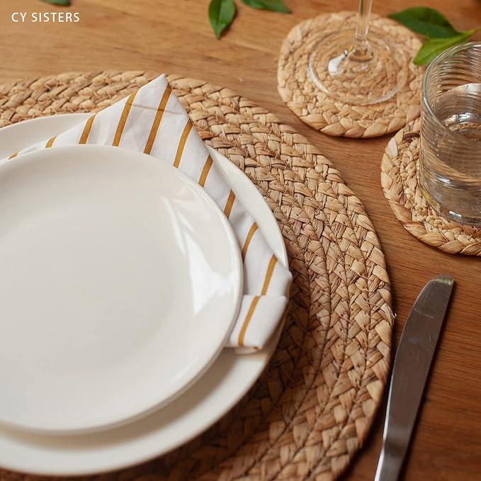 Round Woven Placemats Set of 4, Natural Water Hyacinth Place mats, 13.5 Inch - Image 2