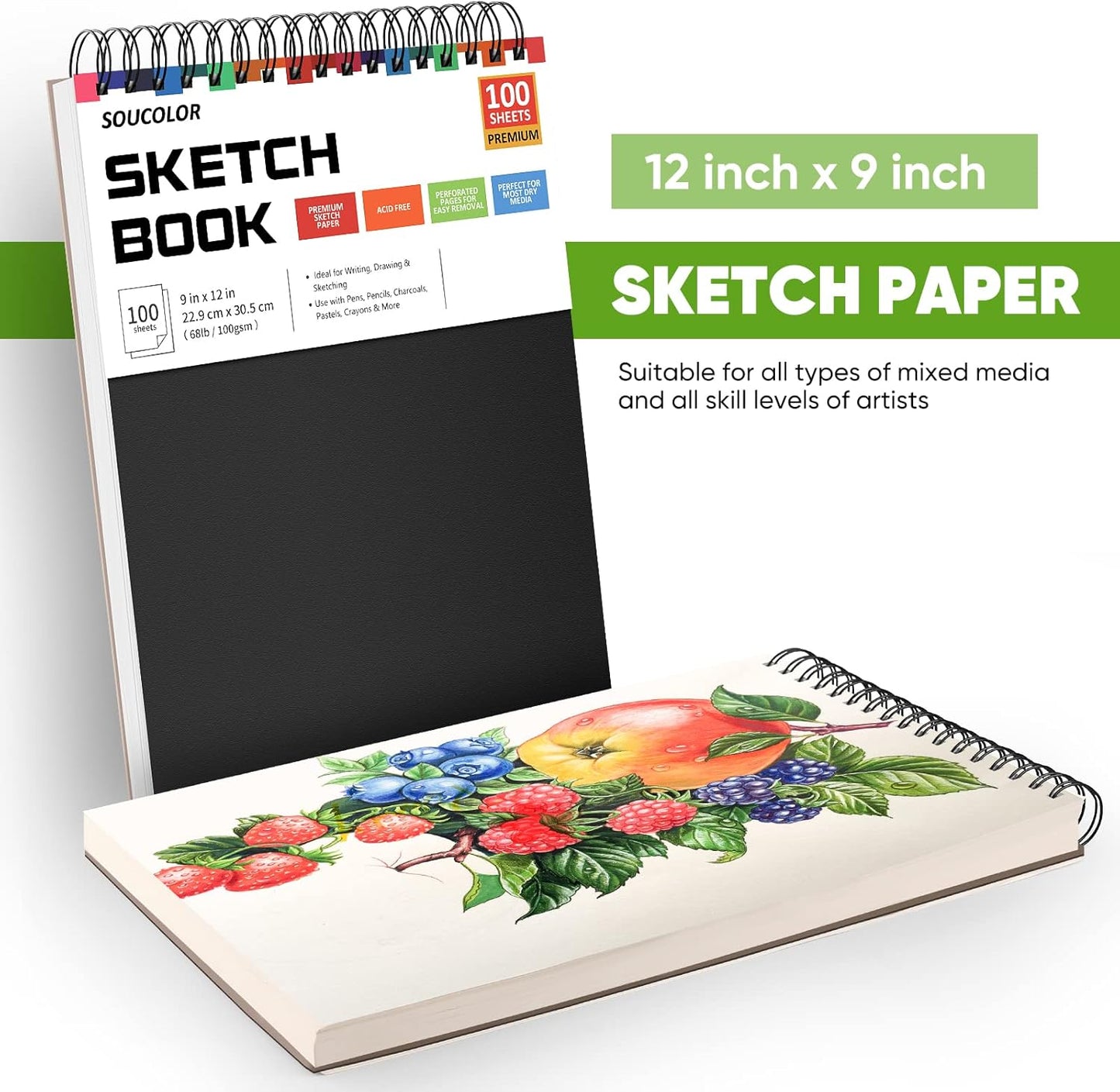 Soucolor 9" x 12" Sketch Book, 1-Pack 100 Sheets Spiral Bound Art Sketchbook, (68lb/100gsm) Acid Free Artist Drawing Book Paper Painting Drawing Writing Sketching Pad for Kids Adult Teens Girls Boys