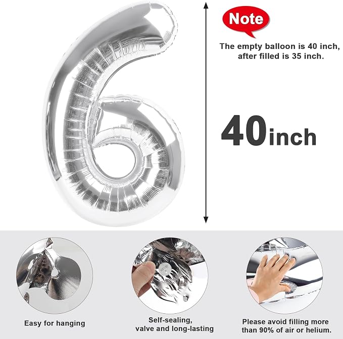 6 Balloon Numbers Birthday Decorations, 40In Silver Balloons - Image 5