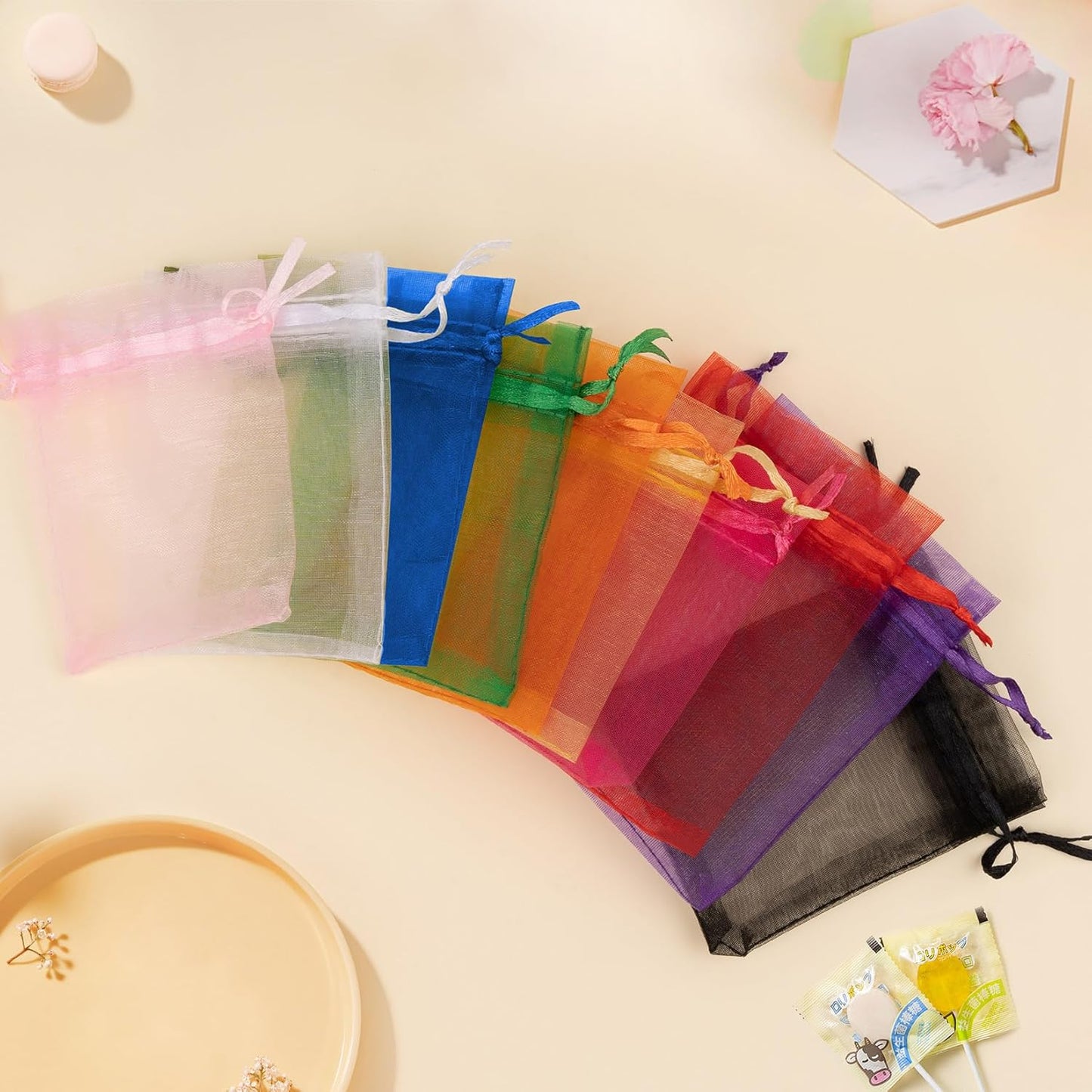 50 Pack Orange Organza Bags 3x4 Inch, Mesh Drawstring Bags Small Gift Bags Candy Bags Party Favor Bags for Halloween Birthday