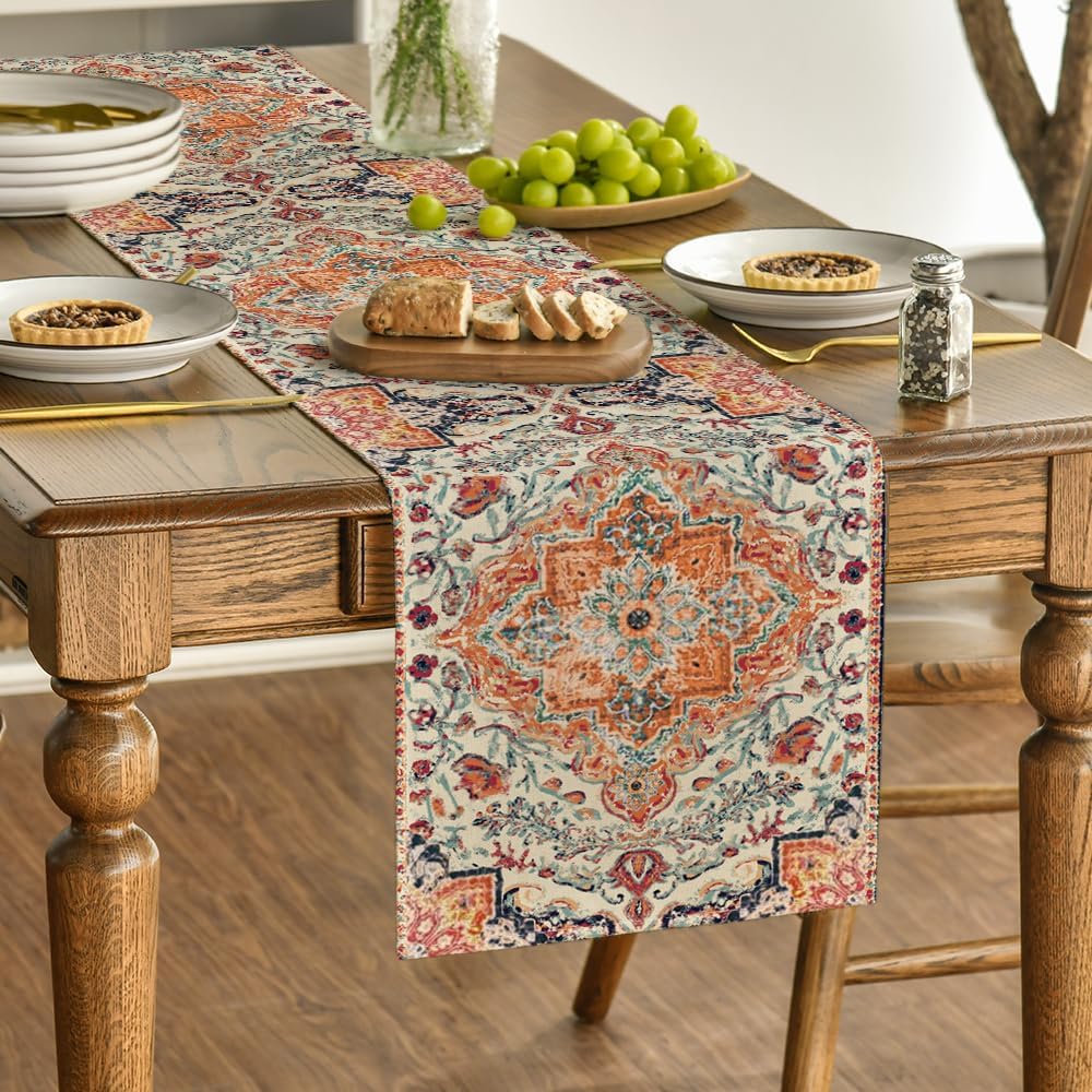 Artoid Mode Boho Bohemia Style Orange Table Runner, Country Rustic Farmhouse Magical Fall Kitchen Dining Table Decoration for Home Party Decor 13x60 Inch