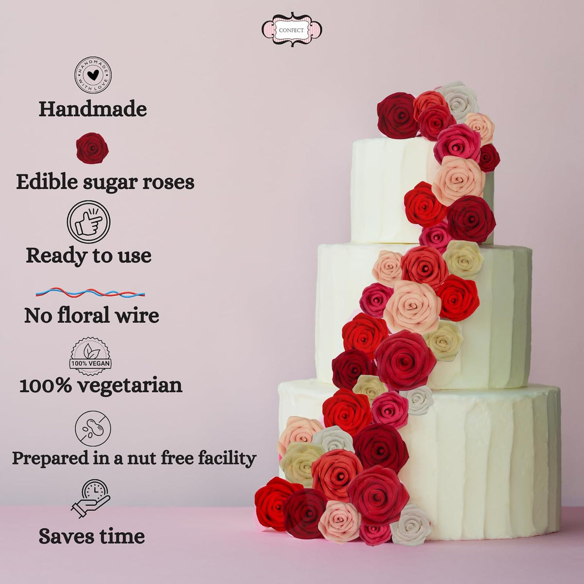 Confect Edible Rose Toppers – Confect Edible Ombre Rose Toppers – Pack of 12 Cupcake & Doughnut Toppers for Cake Decoration- Vegan, Gluten-Free, Soy-Free, Dairy-Free, Palm Oil-Free