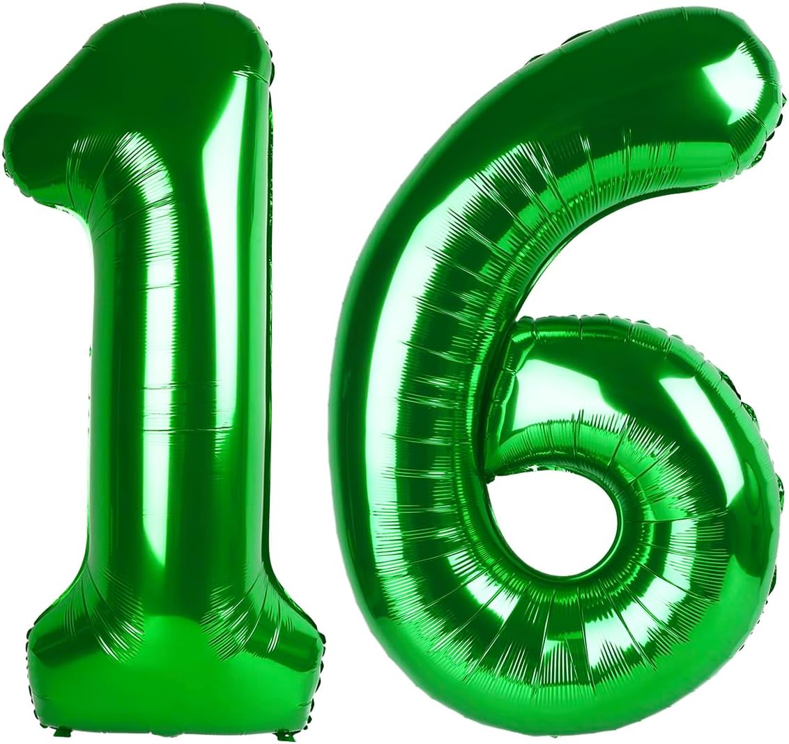 40 Inch Green Mylar Foil Number 16 61 Birthday Balloon, Digital Balloons for 16 Boy Girl Party Decorations Supplies, Big Helium Balloon Numbers for 16 61 Men Women Anniversary