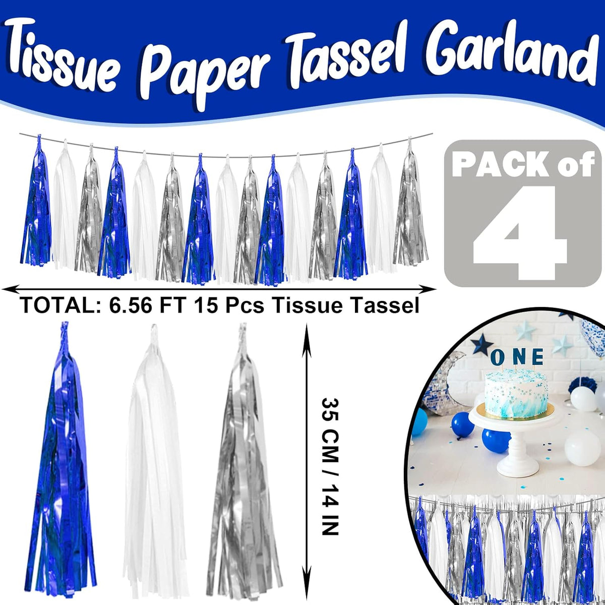 4P Navy-Blue White-Silver Foil Fringe Metallic Tassel Garland Banner, Tassels Banner Streamers for Parade Floats, Bachelorette, Wedding, Birthday, Halloween, Bridal/Baby Shower Party Decorations