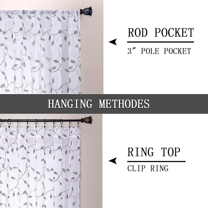 Tollpiz Leaves Sheer Curtain Grey Leaf Embroidery Bedroom Curtains Rod Pocket - Image 5