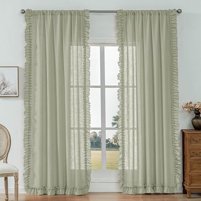 Light Sage Green Linen Cottage Curtains - Image 9
