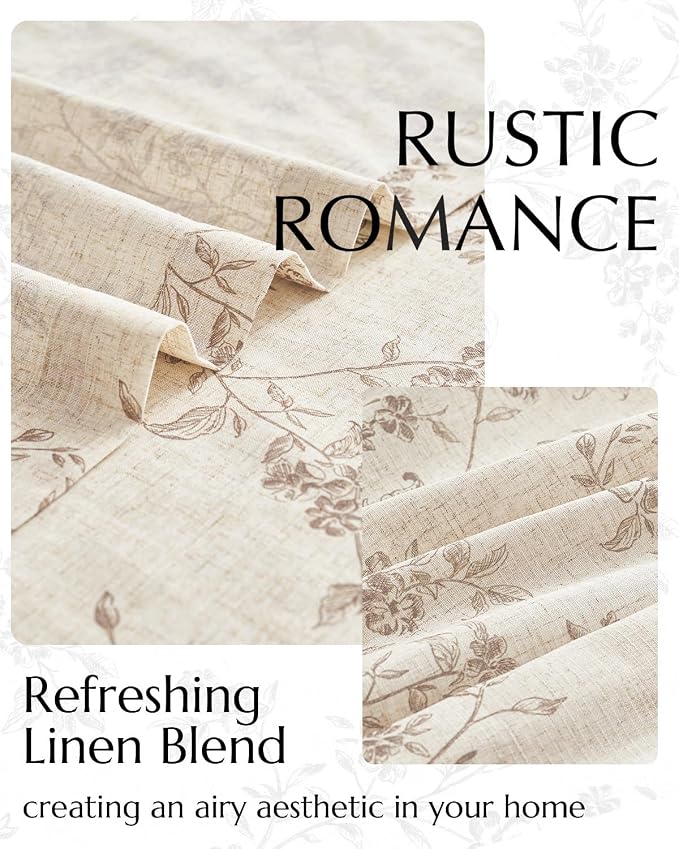 jinchan Taupe Floral Linen Curtains 63 Inch Farmhouse Back Tab 2 Panels | - Image 4