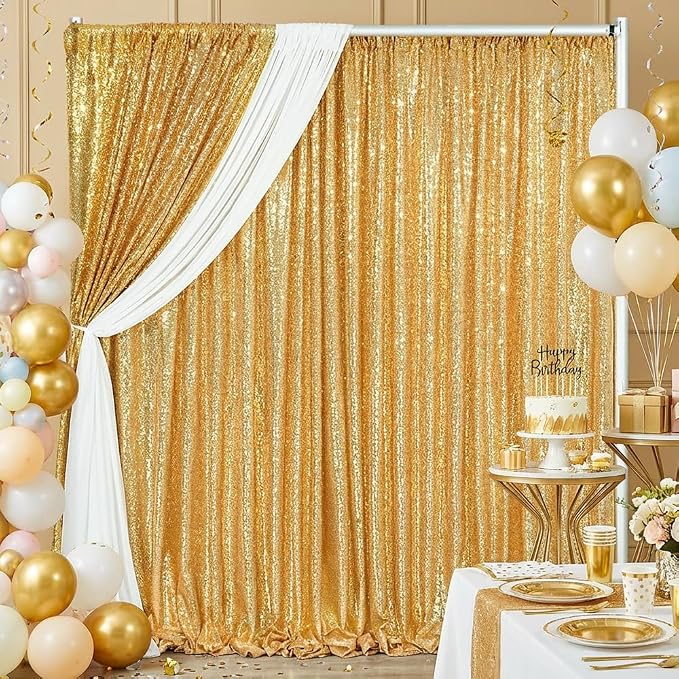 Gold Sequin Backdrop Curtains 2 Pcs 3.3ftx8ft Sparkle Backdrop Fabric | Glitter by B-COOL
