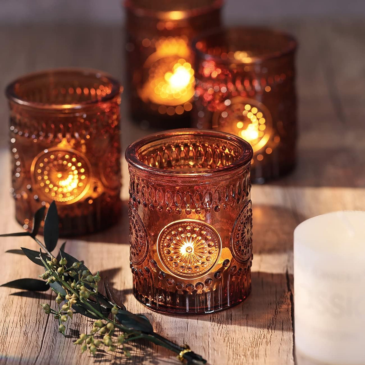 DARJEN Amber Votive Candle Holders Set of 36- Glass Candle Holders Bulk for Flameless LED Tea Waxes, Vintage Candle Holder for Wedding & Home Table Decor, Vintage Parties