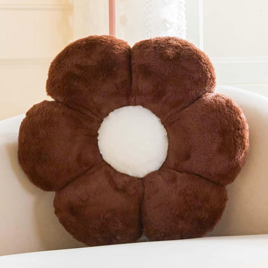 Brown Flower Pillow, Cute Decorative Flower Shaped Throw Pillow with Faux Rabbit Fur, 14.9" Soft Flower Plush Throw Pillow Floor Pillows Room Décor for Bedroom Living Room