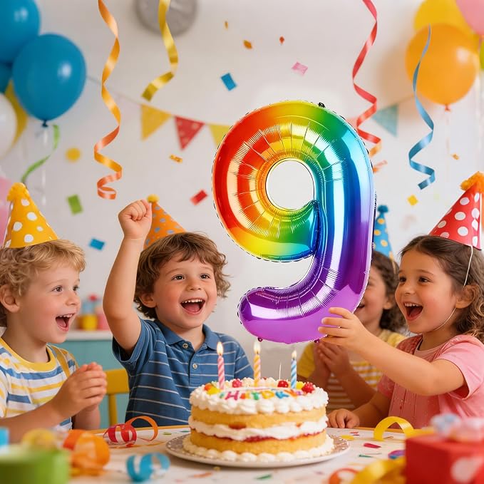 40 Inch Number 9 Balloons for 9th Birthday Party Decorations, 0-100 Rainbow - Image 2