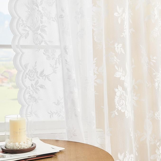 White Lace Cafe Curtains 24 Inch Length 2 Panels Set - Image 4