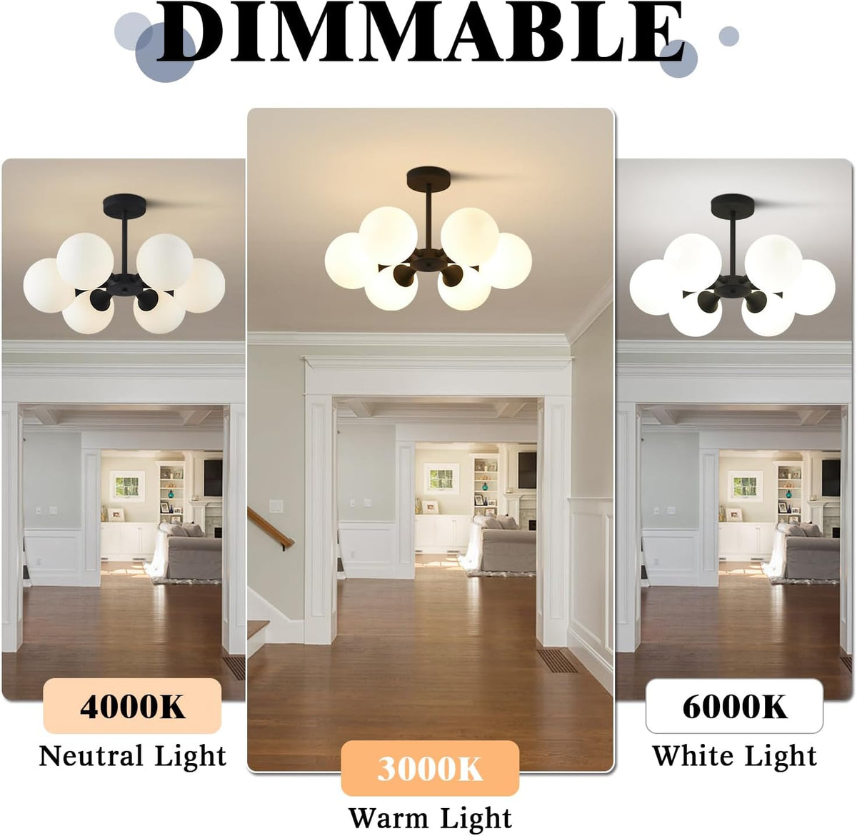 KCO Lighting 6 Lights Modern Semi Flush Mount Ceiling Light Fixture Glass Globe Sputnik Chandelier Ceiling Lighting Mid Century Black Close to Ceiling Light