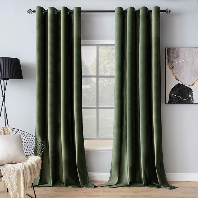 MIULEE Velvet Curtains Olive Green 52 x 96 Inch Length Set of 2 | Grommet Drapes by MIULEE