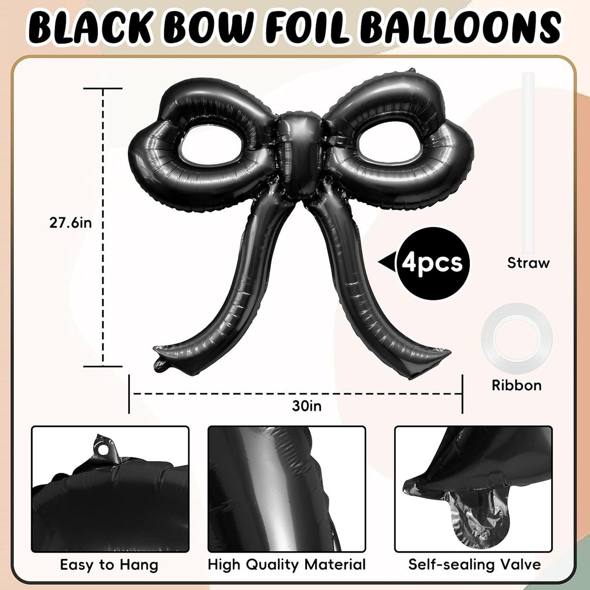 4 Pcs Bow Birthday Decorations Black Bow Balloons Bow Party Decorations Giant Foil Balloon for Girl Women Baby Shower Bridal Engagement Wedding Decor Bachelorette Party Supplies