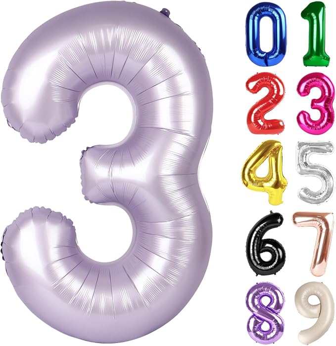 3 Balloon - Lilac Birthday Number Balloons, 40 Inch Decorations Men Women | by ALPHADELTAPI