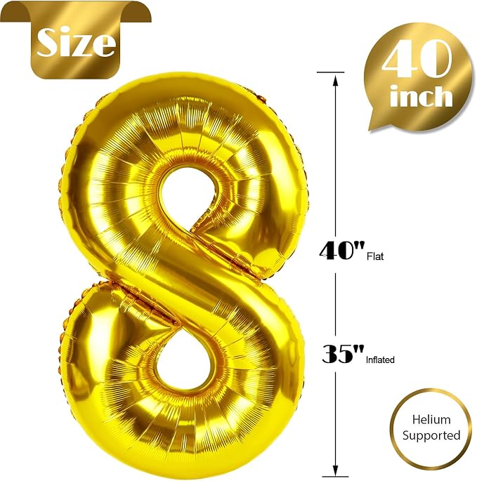 Gold 8 Balloon - Number Balloon 40 Inch, 8th Gold Birthday Decorations | Giant - Image 6