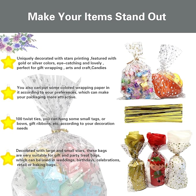 100 Pcs Star Printed 6"X 10" Gift Wrap Cello Cellophane Treat Bags Party Favor - Image 4