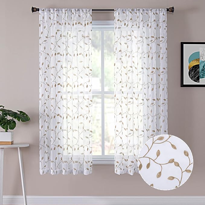Tollpiz Leaves Short Sheer Curtains Taupe Leaf Embroidery Bedroom Curtain Rod by Tollpiz