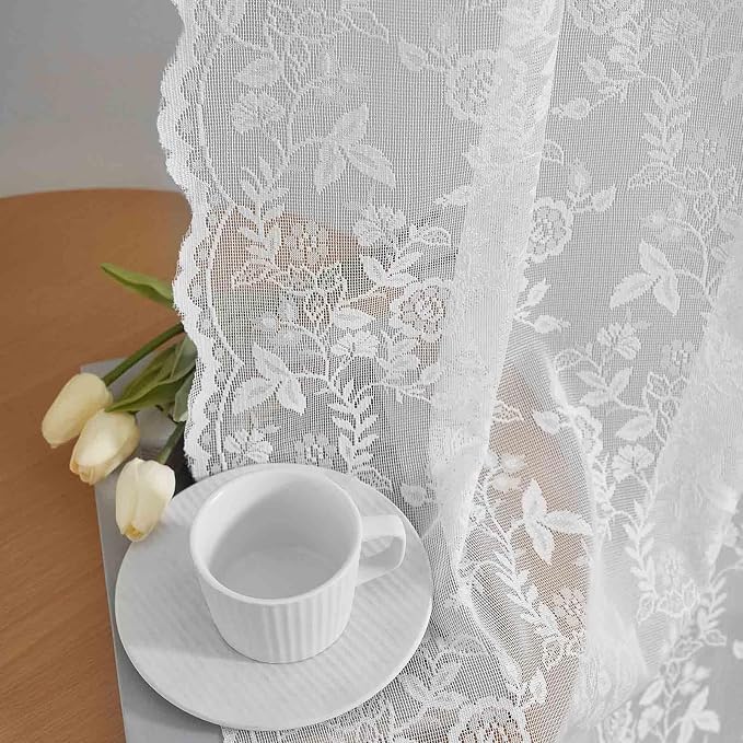 FINECITY White Lace Curtains for Bedroom Rustic Floral 42x63 Inch, 2 Panels | by FINECITY