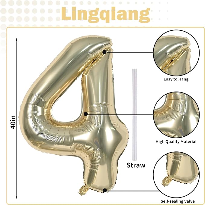 Champagne Gold Foil Balloon Number 4, Large Light Gold Number 4 Helium Balloon - Image 2