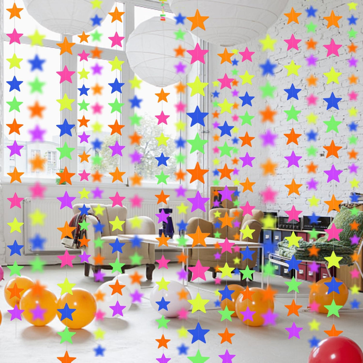 120feet UV Star Paper Neon Garland Neon Streamers Black Light Neon Decorations for Dark Glow Party UV Reactive Neon Party Favors Glow in The Dark Party Supplies for Party Wedding Birthday Banners