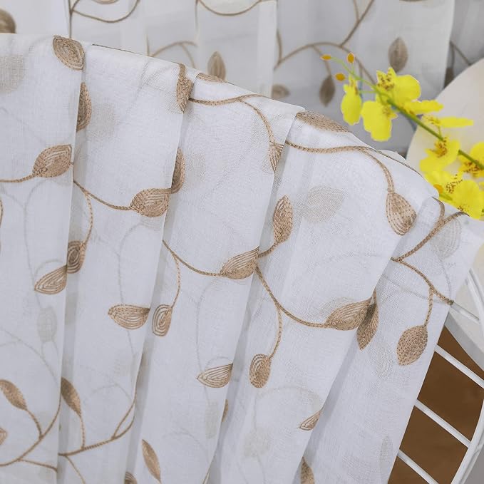 Tollpiz Leaves Sheer Curtains Taupe Leaf Embroidery Bedroom Curtain Rod Pocket - Image 7