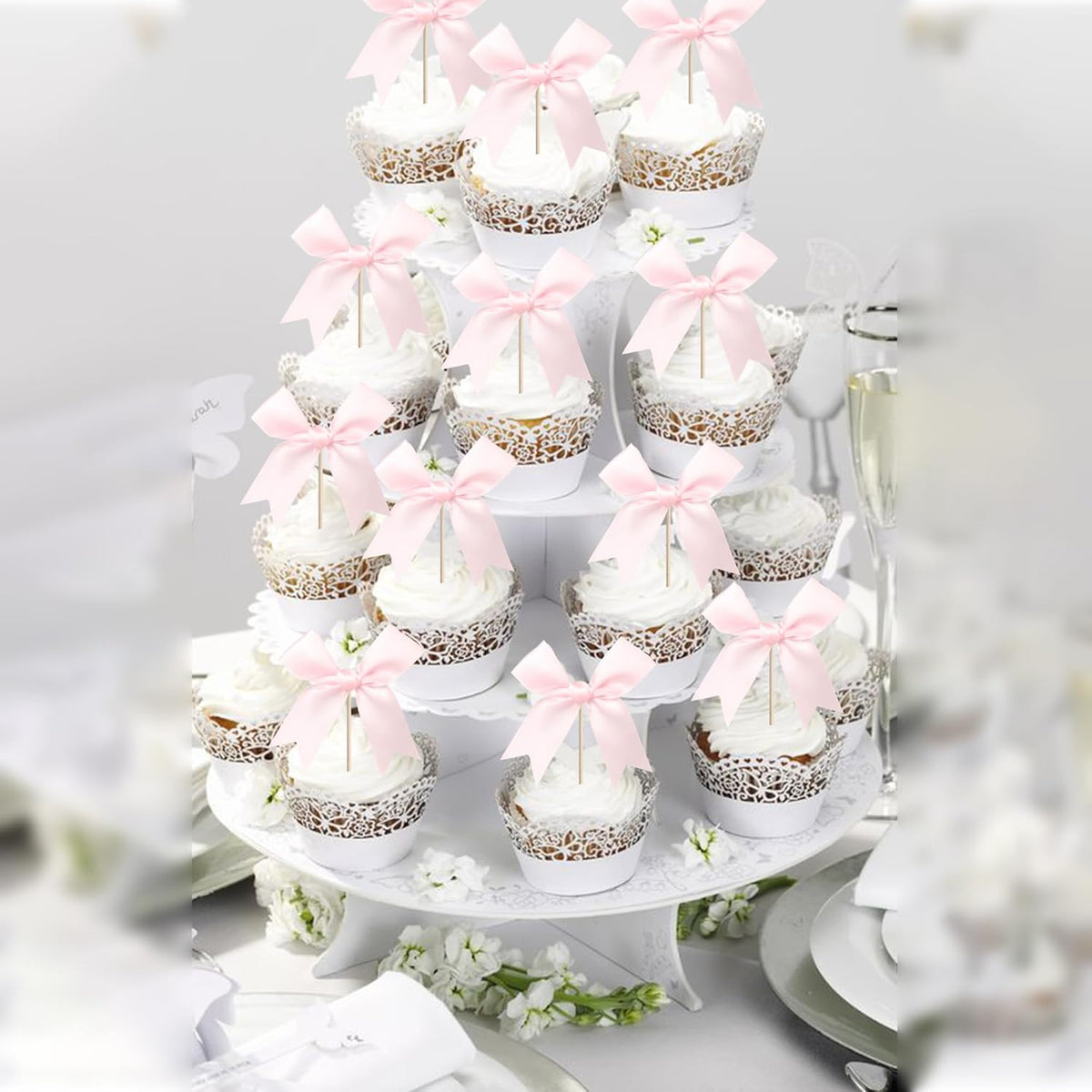 24 PCS Bow Cupcake Toppers Bowknot Coquette Bow Girls Birthday Cake Decorations Bow Cake Toppers Bowknot Cupcake Picks for Baby Shower Birthday Wedding Bridal Engagement Party Supplies Pink
