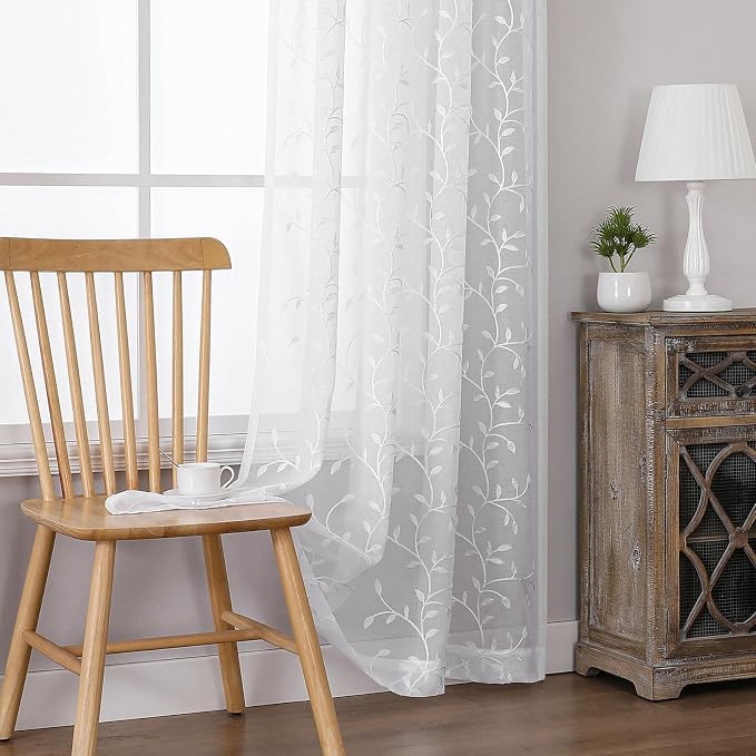 White Sheer Curtains Leaf Embroidery Linen 96 Inches Long | Light Filtering - Image 6