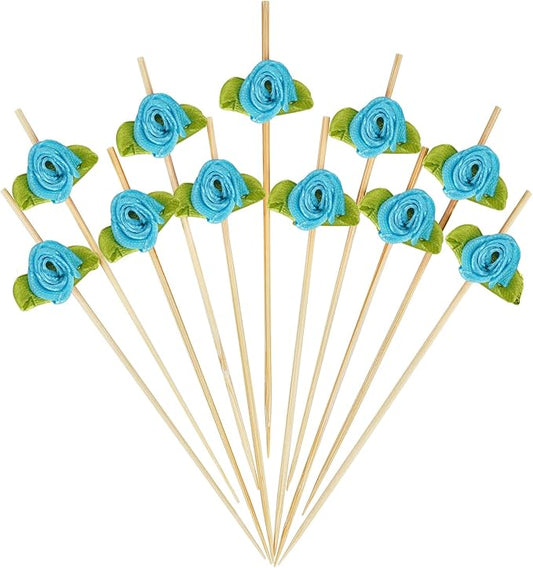 Minisland Blue Rose Flower Cocktail Picks, 4.7 Inch Long Bamboo Fancy Toothpicks by Minisland