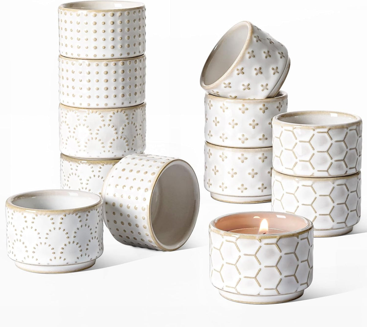 LE TAUCI Tealight Candle Holder, Embossed Ceramic Votive Candle Holders Bulk for Thanksgiving,Christmas, Wedding Table Centerpiece Decor, Set of 12, Arctic White