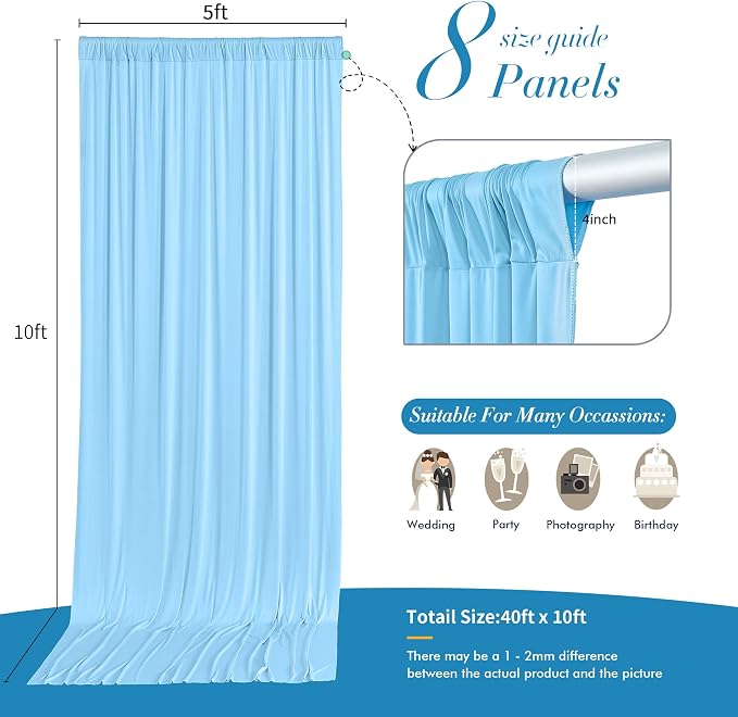 40 ft x 10 ft Wrinkle Free Baby Blue Backdrop Curtains - Image 5