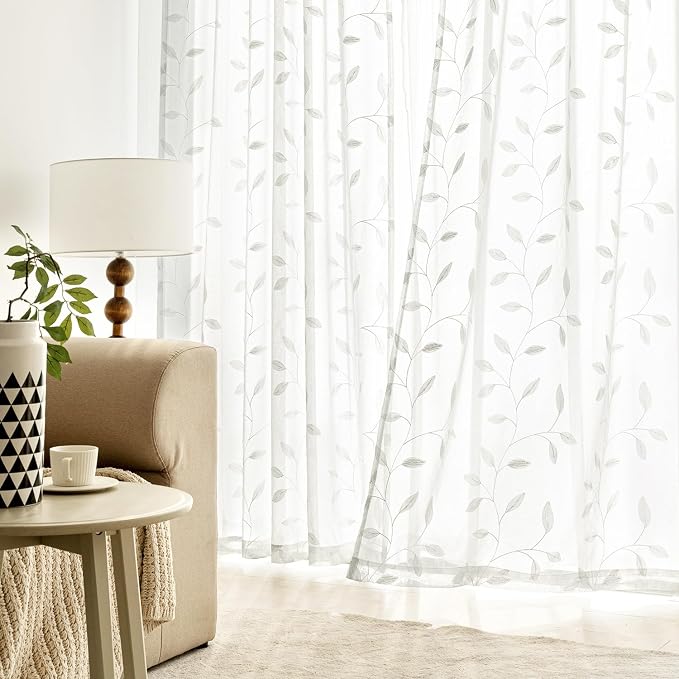 MIULEE Ivory Sheer Curtains 2 Panels Embroidered Leaf Patterned, W52 x L63 | - Image 3