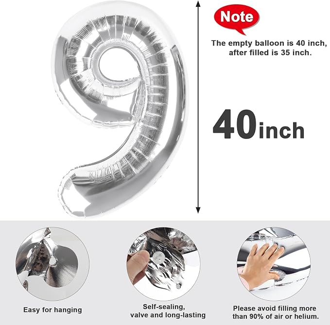 Number 9 Balloon Birthday Decorations, 40In Silver Balloons - Image 5