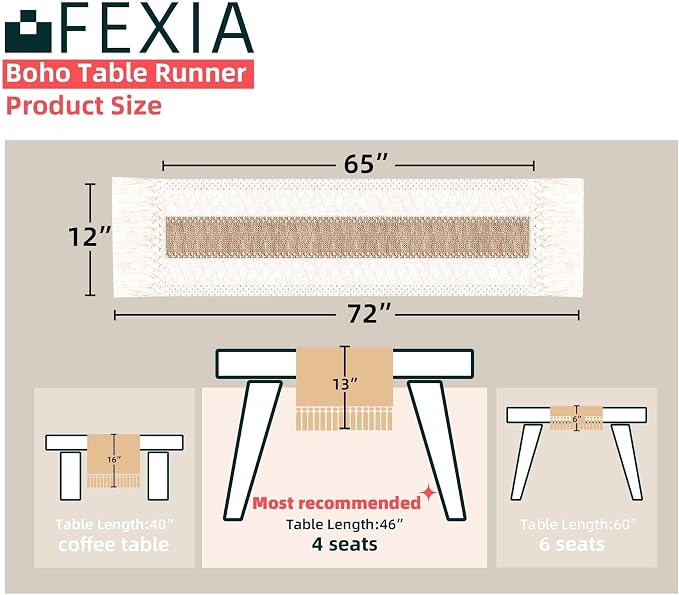 FEXIA Boho Table Runner for Fall Home Decor 12x72 Rustic - Image 2