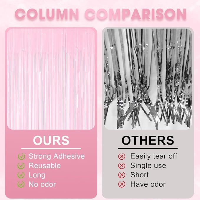 Voircoloria Pastel Pink Foil Fringe Backdrop Curtains, 3 Pack | Tinsel Streamers - Image 5